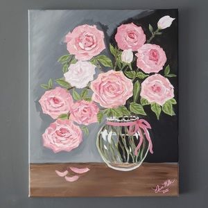 16 x 20 bouquet of pink roses in vase painting